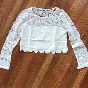NWT Vanity Room Scalloped Lace Crop Top Long Sleeve Blouse Ivory Cream L 12